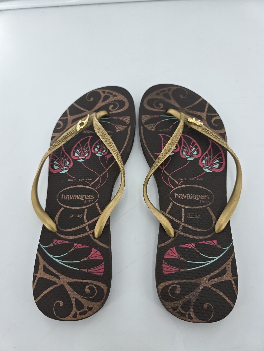 Havaianas Brown Floral Flip Flops with Gold Straps